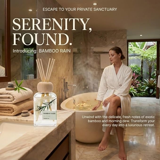 Bamboo Essential Oil Reed Diffuser - 3.34 Fl Oz, Luxury Hotel Collection Diffuser Oil Inspired by Ritz Carlton for Home&Office, Bedroom Living Room Shelf Decor, Accessories,Non-Toxic & Gift Ready