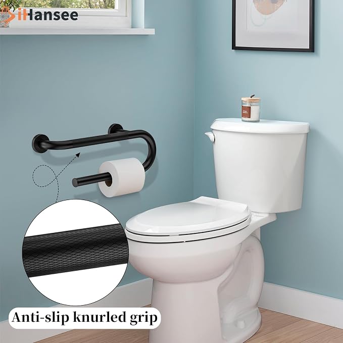 𝐔𝐩𝐠𝐫𝐚𝐝𝐞𝐝 Toilet Grab Bars 16 Inch - Toilet Paper Holder Grab Bar Stainless Steel Knurled Toilet Grab Bars for Seniors Bathtub Bathroom Rails for Elderly Bath Safety Balance Support, Black