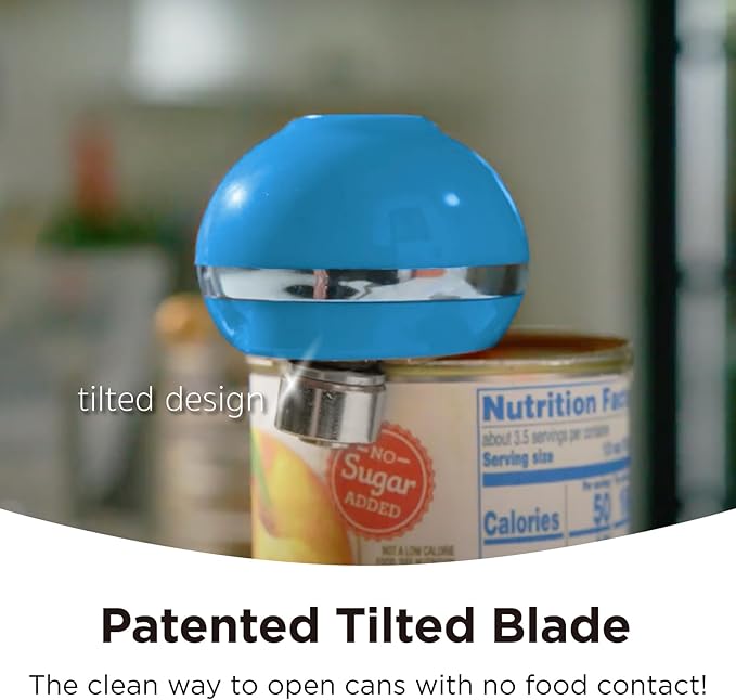 Kitchen Mama Mini Electric Can Opener Smooth Edge: Opens Can with One Press - Ultra-Compact, Portable, Hands-Free, Safe, Cordless, Seniors with Arthritis, Automatic, Battery Operated Appliance (Blue)