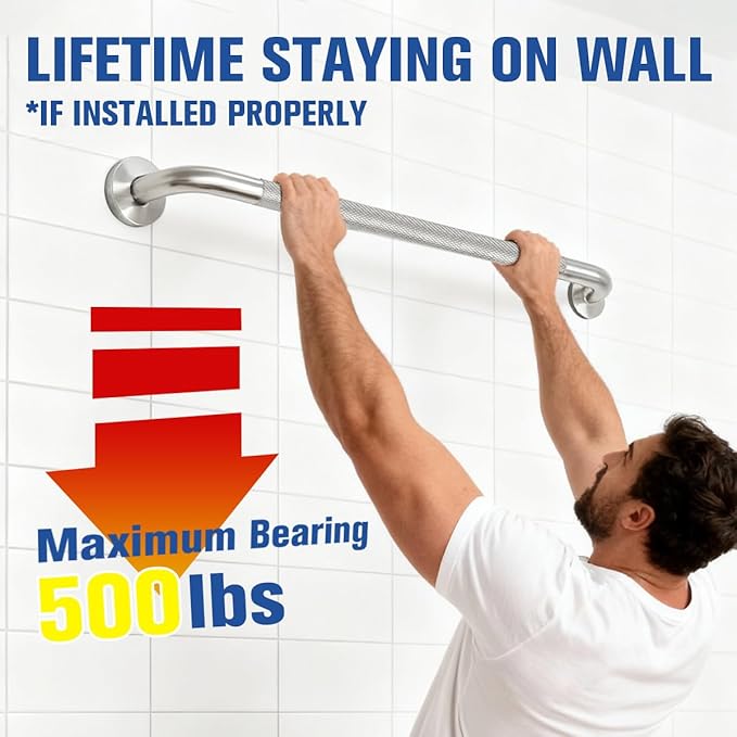 12 Inch Shower Grab Bar for Seniors 2 Pack, Heavy Duty 304 Stainless Steel Anti-Slip Bathroom Safety Handicap Grab Bar for Shower, Bathtub & Toilet, Wall Mounted, Supports 500lbs