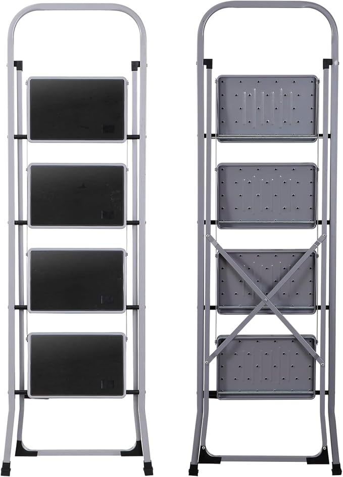 ZENY 4 Step Ladder Folding Step Stool with Wide Anti-Slip Pedal, Convenient Handgrip, Portable Steel Step Stool, 330 lbs Sturdy Steel Ladder for Household and Office, Gray