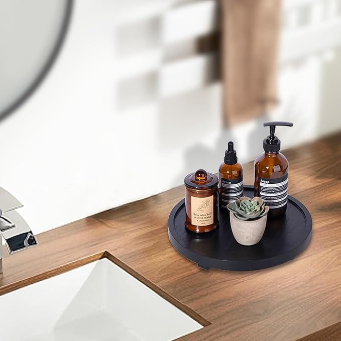 Round Decorative Tray Wood Bathroom Counter Organizer Farmhouse Kitchen Decor Wooden Riser for Soap Dish, Perfume, Candle, Sponge, 10" - Black