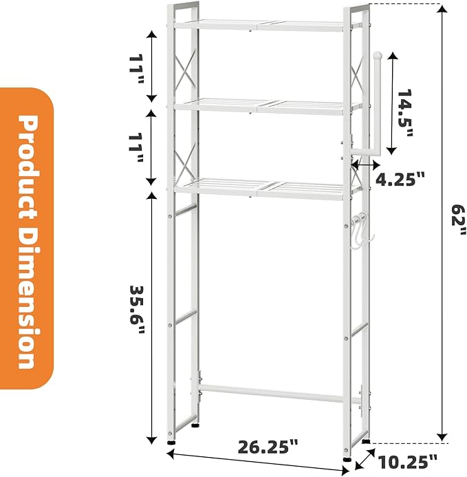 Simple Trending Over The Toilet Storage Rack with Toilet Paper Holder, Heavy Duty Metal 3 Tier Bathroom Organizer Shelf with 3 Hooks, White
