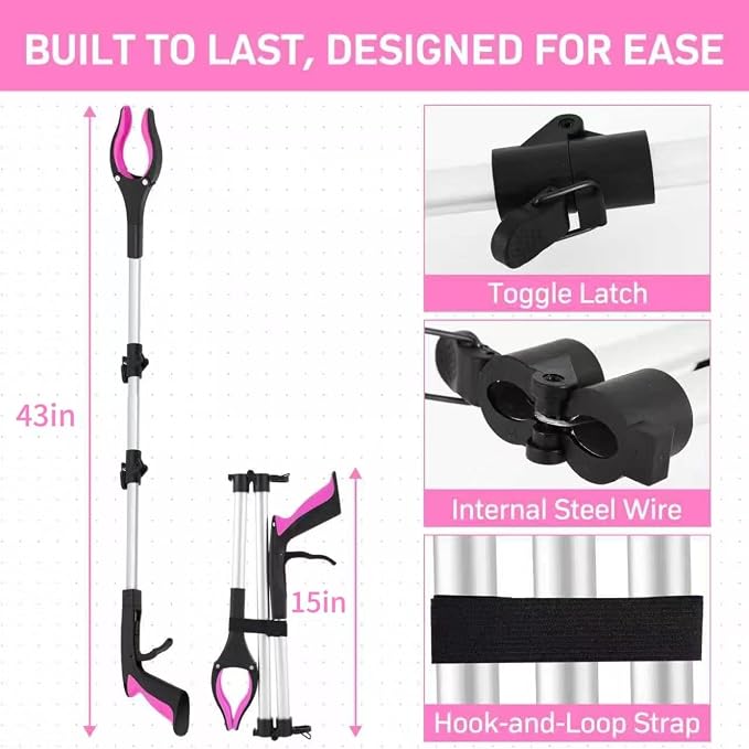 Grabber Reacher Tool for Seniors, 43" Foldable Reacher Grabbers Pickup Stick with Anti-Slip 360° Rotating Jaw, with Magnet for Disabled, After Surgery Recovery (Pink, 43inch 2pack)