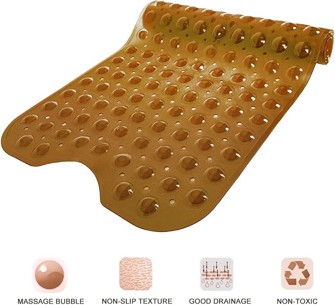 Bathtub and Shower Mats, Extra Long Non-Slip Bath Tub Mat 39 x 16 Inch, Machine Washable Bathmat with Suction Cups & Drain Holes for Bathroom Floor, Clear Brown
