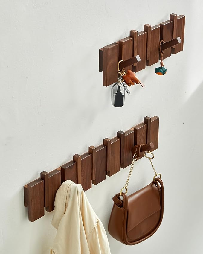 Wood Coat Rack Wall Mount - Large Walnut Piano Coat Rack wtih 5 Hooks for Hanging Clothes,Keys,Robes,Purse,Towels,Modern Decorative Wall hooks Heavy Duty Hanger Organizer for Bathroom/Bedroom/Entryway