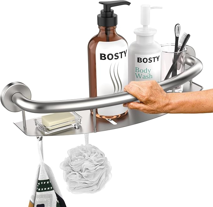 Satin Brushed Nickel Shower Grab Bar w/Storage Shelf 18 Inch, Zepolu Stainless Steel 2-in-1 Shampoo Shelf Grab Bar, Wall Mount Safety Balance Bar for Bathroom Support Handrail Assist Handle for Senior