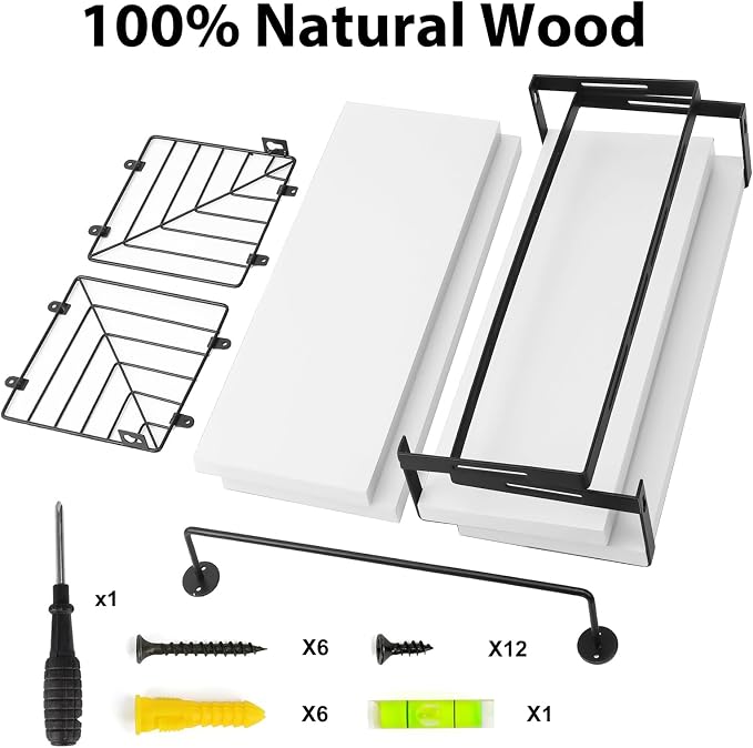 Fixwal Wall Mounted Bathroom Shelves Over Toilet, Rustic Wood Floating Shelves with Metal Frame and Towel Bar for Bathroom, Kitchen, Bedroom, Living Room (3 Plus 1 White)