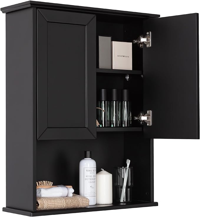VANIRROR Black Bathroom Wall Cabinet 23x29 inch Wooden Bathroom Medicine Cabinet with 2 Doors and Adjustable Shelf, Wall Mounted Cabinet Over Toilet Storage Cabinet | 2 Doors