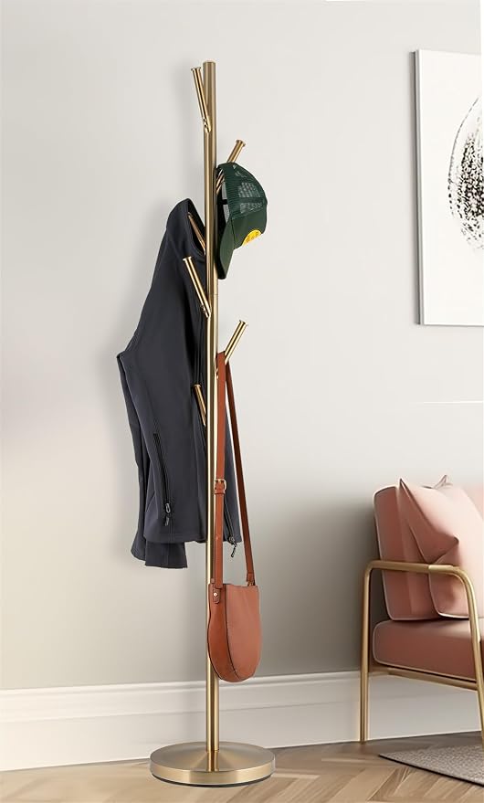 Kira Home Addison 68" Modern Gold Standing Coat Rack with 6 Hanging Hooks, Sleek Metal Gold Coat Stand with Weighted Base, Cool Brass Finish