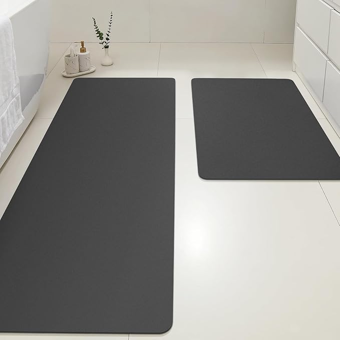 ACCUMTEK Non Slip Bath Mat, Thin Bathroom Rugs Fit Under Door, Quick Dry Bath Mats, Machine Washable Bath Rugs for Bathroom, Bathtub & Kitchen, Black/Solid/24 x17+48"x20"