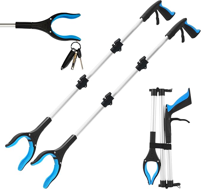 Grabber Reacher Tool for Seniors,36" Foldable Reacher Grabbers Pickup Stick with Anti-Slip 360° Rotating Jaw，with Magnet for Disabled, After Surgery Recovery (Blue, 36inch 2pack)
