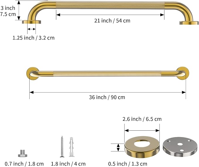 Gold Shower Grab Bar w/Anti-Slip Knurled Grip 36 Inch, Zepolu Wall Mounted Stainless Steel Bath Grab Bar,Safety Balanced Handrail, Handicap Injury Elderly Senior Assist Support Textured Handle