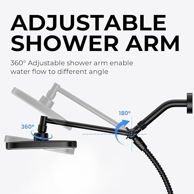 Wide Rain Shower Head With 5 Modes Handheld Showerheads, High Pressure Showerhead Combo with Extension Arm for Bathroom Accessories, Adjustable Shower Head with Anti-Clog Nozzles (Black)