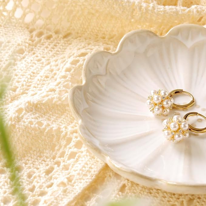 Lotus Ring Holder Dish Small Indoor Ash Tray, Ceramic Dessert Plate Trinket Jewelry Holder Organizing Necklace Earrings for Parents Friends Sister, White. All Jewelries Are NOT Included.