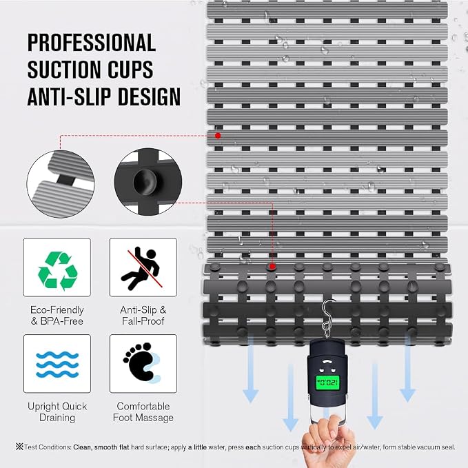 MBOSS Shower Mat Non Slip Bathtub Mats for Bathroom Shower Floor Mat Bath Mats for Shower Tub Anti Slip Shower Mat with Drain Hole and Large Suction Cups (Dark Gray Light Gray, 37.5 X 15.7 Inch)