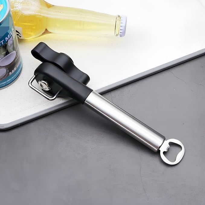 Safe Cut Can Opener, smooth edge can opener stainless steel Multifunction can opener manual and Bottle Opener Easy to Use,Handheld Easy Turn Knob,Works for safety can openers for seniors.