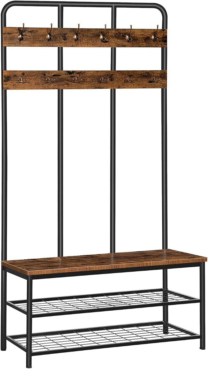 HOOBRO Hall Tree with Bench, Entryway Bench with Coat Rack, Mud Room Rack with 12 Double Hooks and Shoe Storage, Coat Tree, Shoe Rack Organizer, for Foyer, Front Door, Rustic Brown BF05MT01