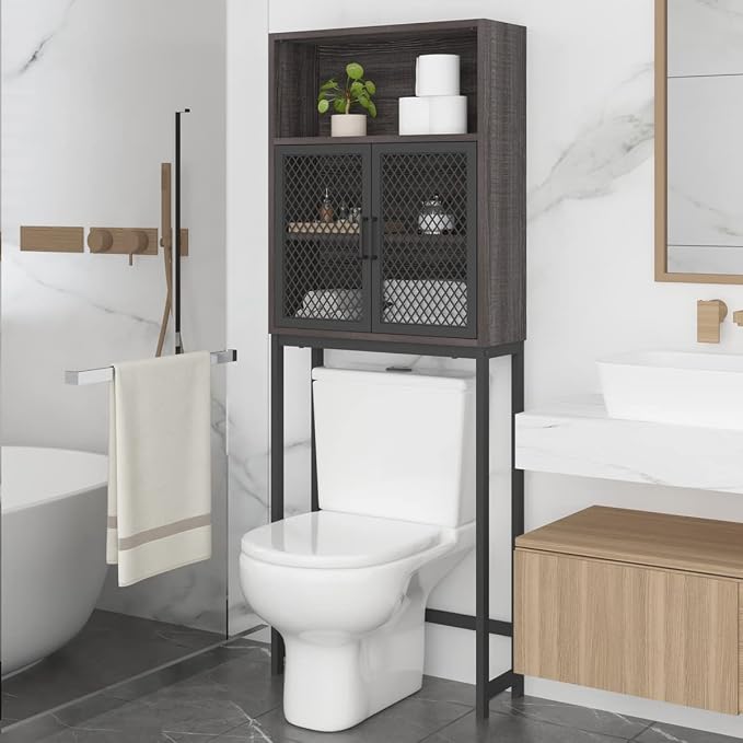 Launica Over the Toilet Storage Cabinet, Over Toilet Bathroom Organizer with Mesh Doors and Shelves, Freestanding Bathroom Storage Cabinet Above Toilet, Wood and Metal, Dark Gray Oak