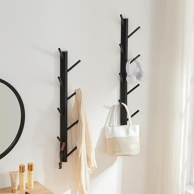 TIOPGHAD 2 Pack Coat Rack Vertical Wall Mount, Bamboo Coats Hooks Clothes Holder Hanger for Wall Coat Hat Jacket Clothing Bathroom Robes Mudroom Entryway(Black)