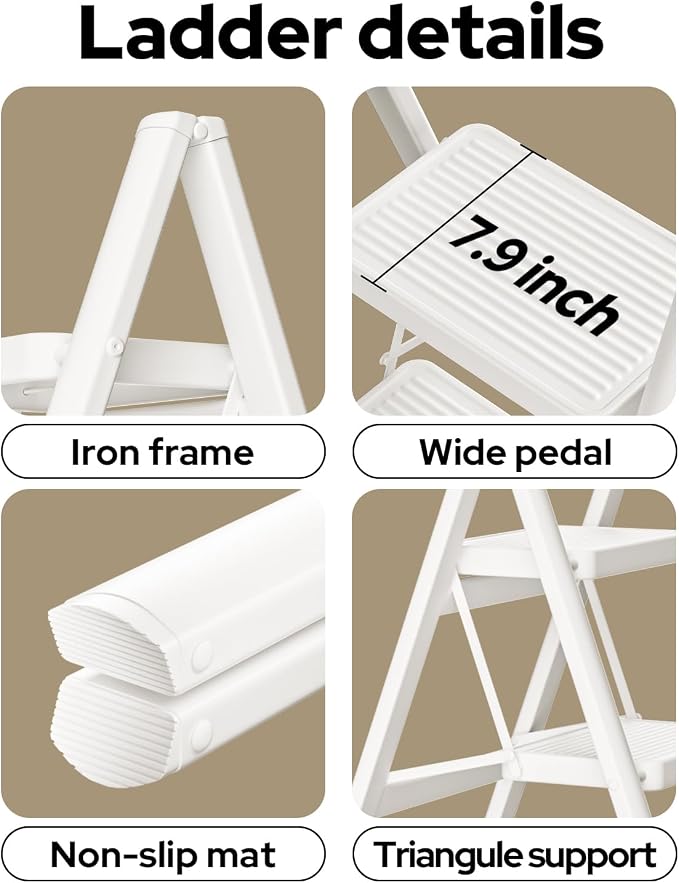 2 Step Ladder Portable Folding Step Stool with Anti-Slip Pedal, Lightweight Stepladder Multi-Use for Home and Kitchen, Saving Space, White, 300lbs
