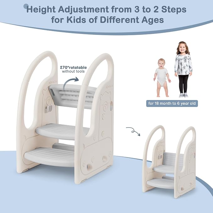 Toddler 3 Step Stool Onasti Kids Standing Tower for Toddlers Plastic Learning Helper Stool for Kitchen Counter Bathroom Sink Toilet Potty Training with Handles and Non-Slip Pads-Grey White