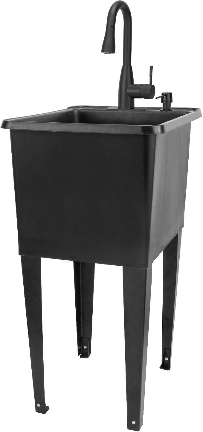 Black Space Saver Utility Sink by JS Jackson Supplies, Freestanding Tehila Space Saving Laundry Tub, Black Pull-Down Faucet, Soap Dispenser