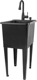 Black Space Saver Utility Sink by JS Jackson Supplies, Freestanding Tehila Space Saving Laundry Tub, Black Pull-Down Faucet, Soap Dispenser
