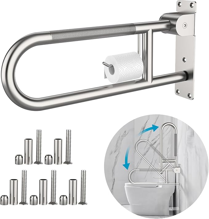 Toilet Grab Bar 24 Inch, Munzong Anti-Slip Handicap Grab Bars with Paper Holder, Flip-Up Bathroom Toilet Safety Rails, Stainless Steel Knurled Support handrails for Seniors Elderly Disabled Pregnant