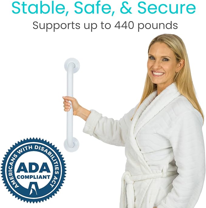 Vive Grab Bar for Showers - Bathroom Antislip Handrail for Seniors, Elderly Assistance Product, Heavy Duty Shower Handles, Handicap Grab Bars, Stainless Steel, Multipurpose, 440 lbs (White)