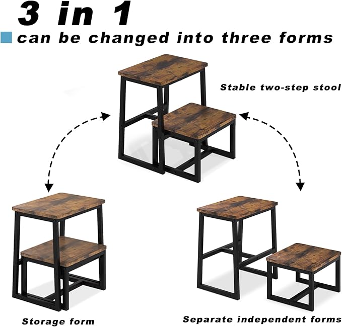 Step Stool for Adults, Hold up to 500Lb, 3 in1 Heavy Duty Sturdy Wooden 2 Step Stool for Kichen/Bathroom/High beds, Metal Frame, Non-Slip Pads