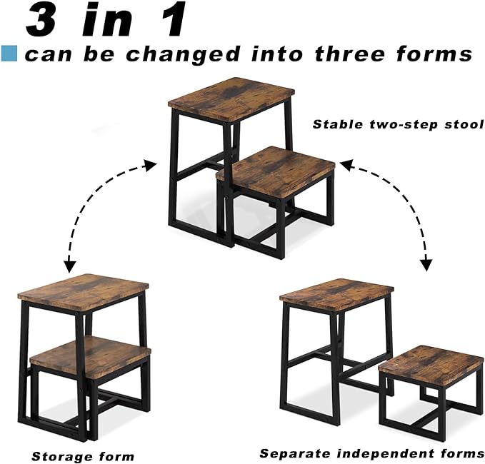 2 Step Stool for Adults Wooden Step Stool with 500 Lbs Capacity, 3 in 1 Heavy Duty Sturdy Stepping Stools Bedside Foot Stool for Kichen/Bathroom/Bedroom High beds, Non-Slip Pads