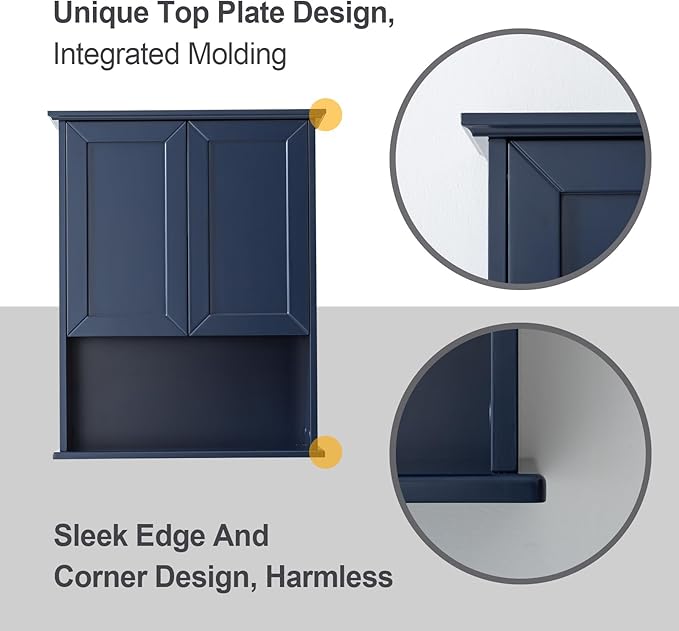 VANIRROR Navy Blue Bathroom Cabinet Wall Mounted with 2 Doors and Adjustable Shelf, 23"x29" Wooden Medicine Cabinet Over Toilet Storage Wall Hanging Cabinets for Bathroom,Bedroom,Kitchen,Laundry Room