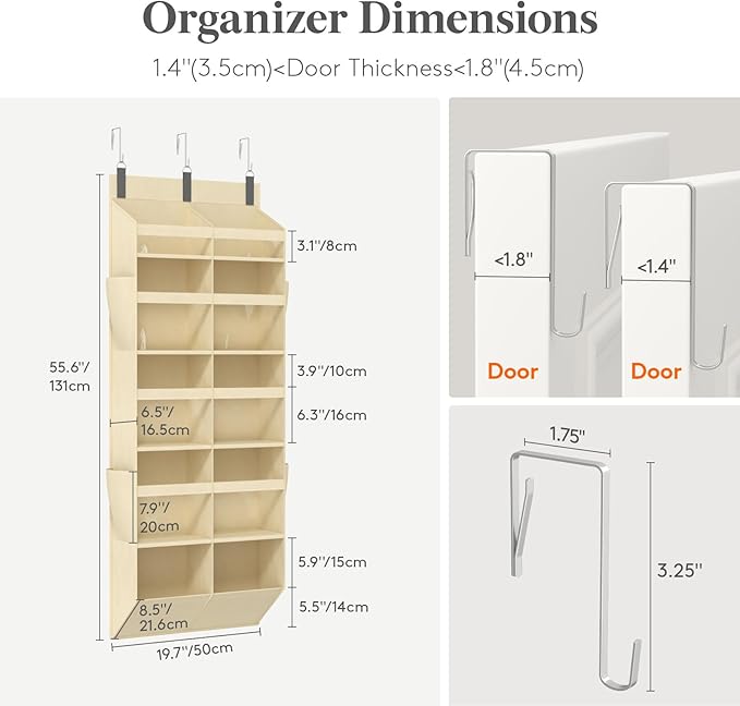 Lifewit 1 Pack Over the Door Organizer, 10 Section Clear Window Hanging Storage with 4 Side Pockets, Sturdy Anti Tilt 40 lbs Load Behind Door for Closet, Bedroom, Bathroom, Nursery, Dorm, Beige