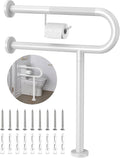 Toilet Grab Bar with Leg 24x28 Inch, ZUEXT White Knurled Toilet Support Bar with Toilet Paper Holder, Stainless Steel Wall & Floor Mounted Bathroom Support Rail for Seniors Elderly Disabled Pregnant