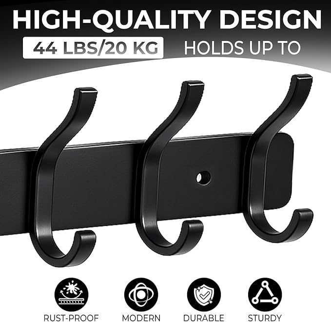 Dntorx Coat Rack Wall Mount, 1 Pack Coat Hooks Hanger Wall Double Hook Rack Rail Towel Hat Rack Entryway Bathroom Hanger Organizer for Robes, Clothes, Bags, Hat(Black)