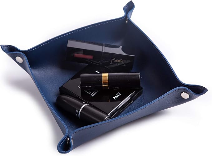 Leather Jewelry Valet Tray for Women and Man, Portable Entryway Table Tray Bedside Nightstand Desk Tray Small Catchall Travel Dish Plate for Key,Wallet,Watch,Coin (8x8, Blue-B)