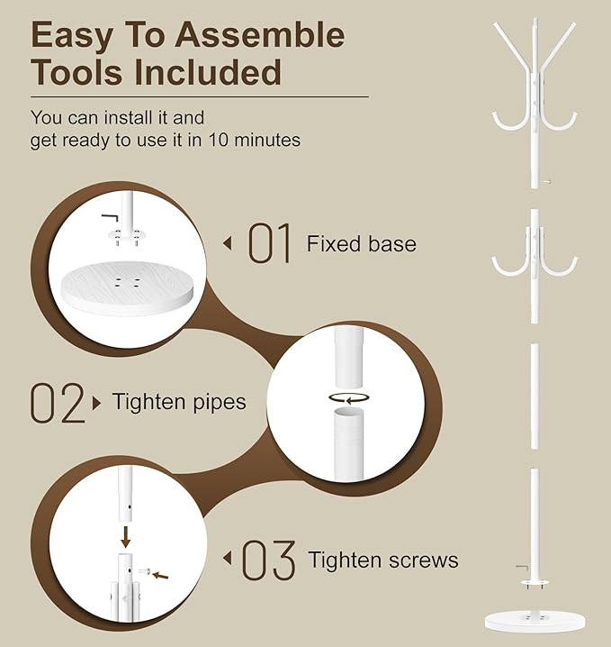 MISSLO Heavy Duty Coat Rack Freestanding with Stable Wood Base Modern White Coat Tree with 12 Hooks Adjustable Coats Hanger Stand Stylish Standing Clothes Tree for Entryway Bedroom Corner Hall