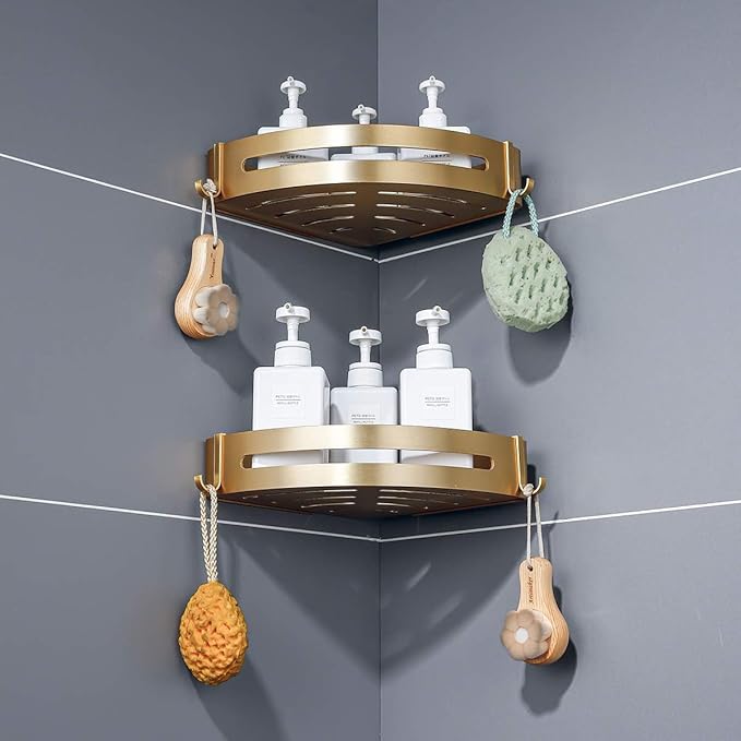 Brushed Gold Color 2 Packed Bathroom Shelves Shower Corner Caddy Organizer Shampoo Holder,Adhesive or Drilling