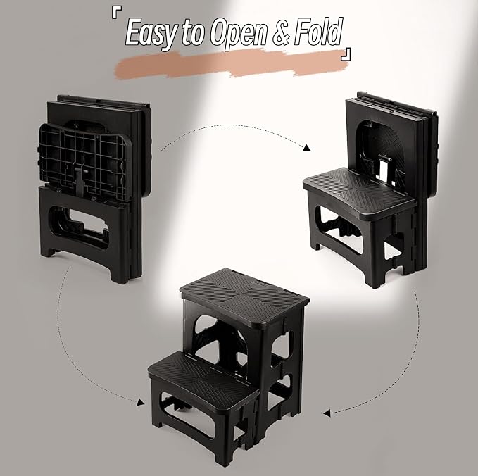 2 Step Stool Foldable, Non-Slip Steps, Folding Step Stool for Adults & Kids, Plastic Stool Pool Ladder, Collapsible Stools 2 Step Ladder for Kitchen Toilet Bedroom Office RV, Holds 330 lbs, Black