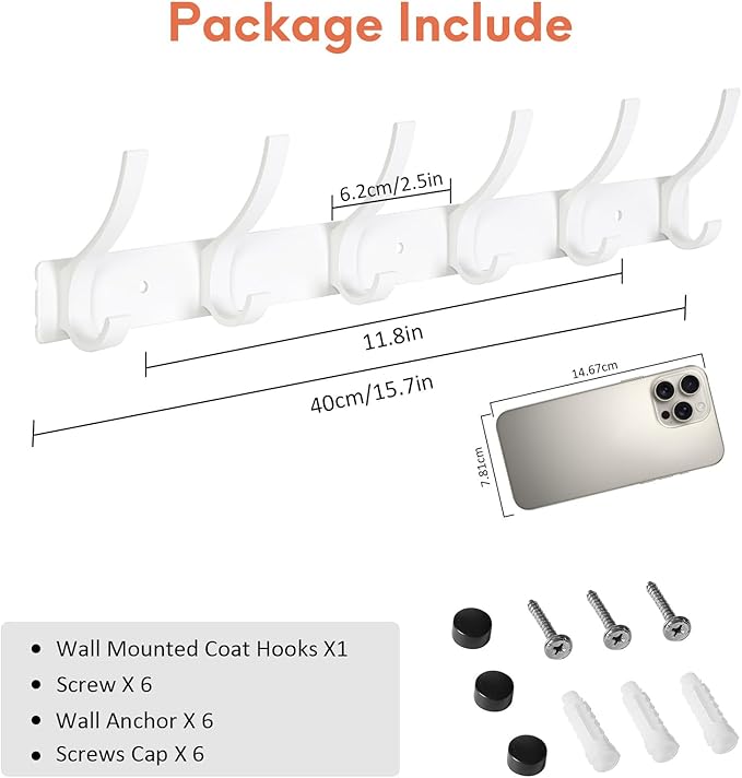 Optish Coat Rack Wall Mount, Coat Hook Wall Mount, Wall Hooks for Hanging, Hat Rack for Walls, Coats Hanger with 12 Hook, Towel Hooks for Bathrooms (2 Pack, White)