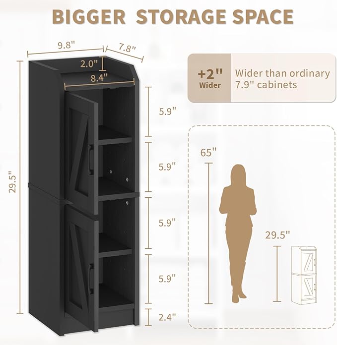 Narrow Bathroom Storage Cabinet with 2 Doors and Shelves, 9.8" W Small Storage Cabinet for Toilet Paper Storage, Slim Cabinet for Small Spaces, Bathroom, Kitchen, 9.8" W × 7.9" D × 29.5" H, Black