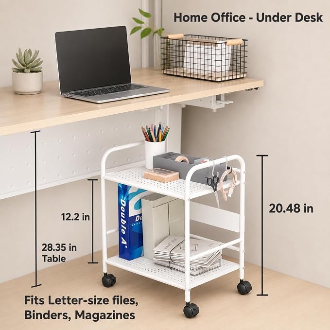 2-Tier Metal Rolling Cart, Under Desk Storage with 12.2" Shelf Clearance, Anti-Drop Guard & Hooks, Compact Utility Cart for Kitchen, Office, Laundry, Bathroom, Pantry, Living Room - White