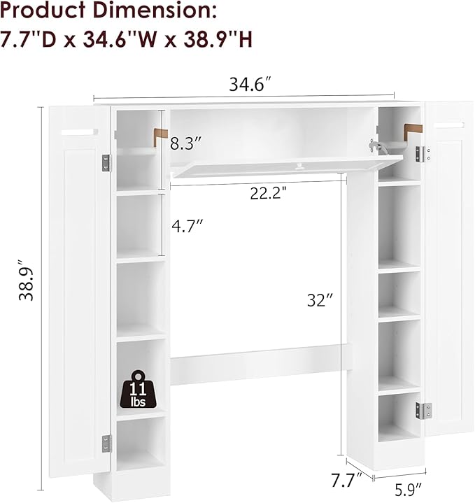 Over The Toilet Storage Cabinet, Bathroom Space Saver with Paper Holder and Adjustable Shelves, Freestanding Toilet Cabinet Organizer with 2 Side Doors and Pull-Down Door, White