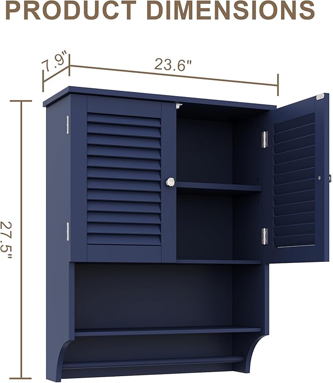 ChooChoo Bathroom Wall Cabinet with Towels Bar, 23.6" L x7.9 W x27.5 H MDF Material Medicine Cabinet, 2 Doors Over The Toilet Space Saver Storage Cabinet with Large Space, Navy Blue