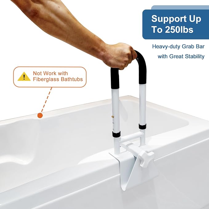HEPO Adjustable Bathtub Grab Bars for Seniors, Bath Safety Grab Bar with Anti-Slip Cover for Elderly, Height and Width Adjustable