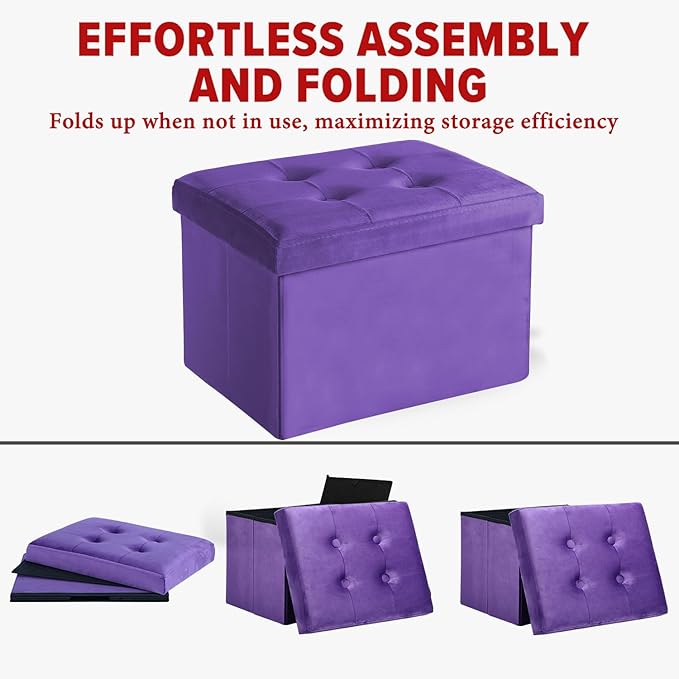 LINMAGCO Storage Ottoman Folding Foot Stool Velvet Foot Rest with Padded Modern Ottoman with Storage for Living Room Puppy Step Stool 17x13x13in(Purple)