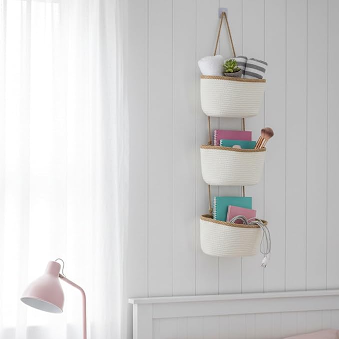 TeoKJ Over the Door Hanging Basket, 3-Tier Woven Cotton Wall-Mounted Storage Organizer Bag Decorative Hanging Nursery Baskets, White & Dark Brown