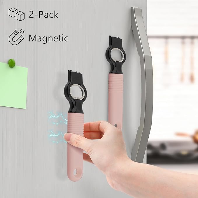 2-Pack Magnetic Beer Bottle Opener & Soda Can Opener, 2-in-1 Bottle Opener and Can Tab Opener Tool for Bartender, Long Nails, Arthritis, Silicone Handle with Build in Magnet - Dirty Pink