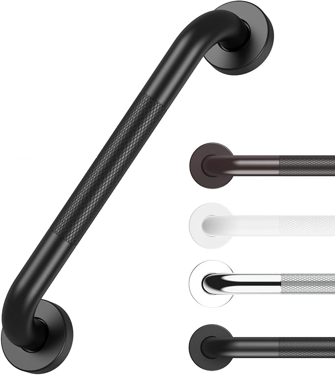 Anti Slip Grab Bars for Shower Black, Safety Textured Grip Shower Grab Bars for Seniors, Holds up to 500LBs, Knurled Handicap Grab Bars for Wall with Concealed Screws, 12 Inch